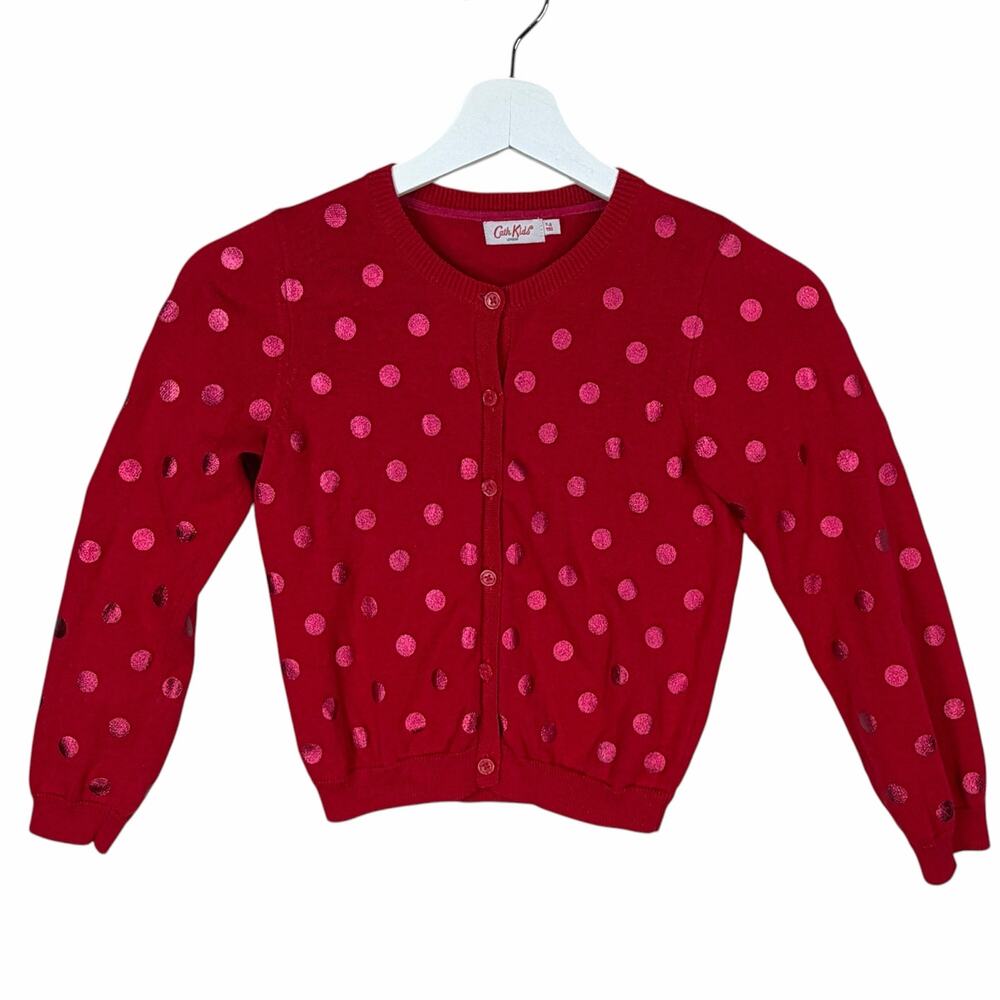 Cath Kidston Kids Sweater Cardigan Girls 7-8 Red Pink Polka Dots Cotton Button